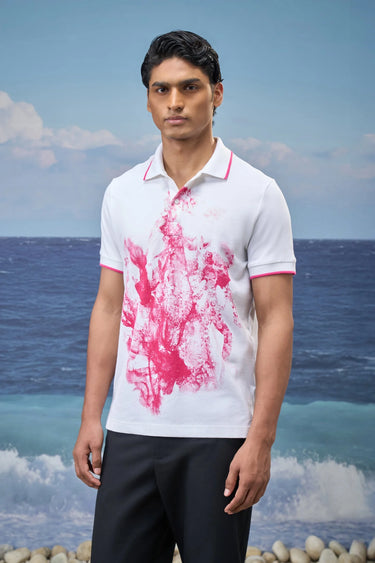 White Premium Cotton Pique Abstract Print Polo T-Shirt