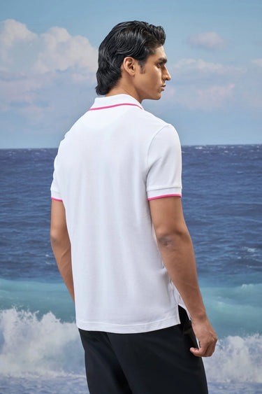 White Premium Cotton Pique Abstract Print Polo T-Shirt