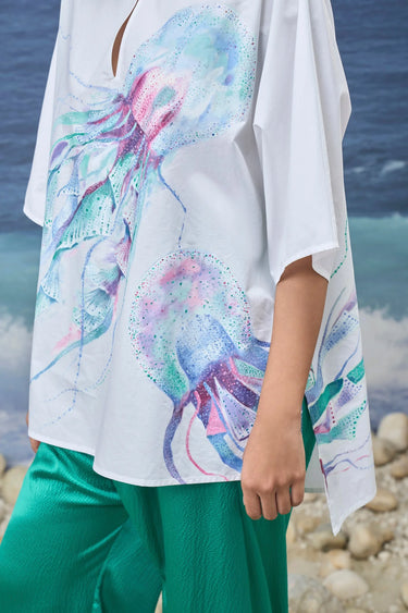 Designer white oversized shirt women by Genes Lecoanet Hemant with modern print