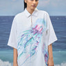 White premium cotton oversized shirt women India with abstract print design