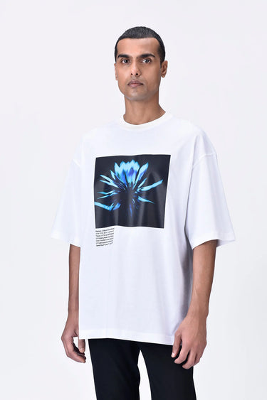 White Relaxed Fit Crew Neck T-Shirt with UV Flower Sticker - Genes Lecoanet Hemant