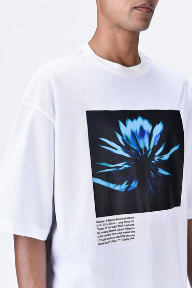 White Relaxed Fit Crew Neck T-Shirt with UV Flower Sticker - Genes Lecoanet Hemant