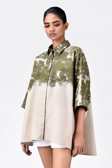 Women's Canopy Print Oversized Cotton Poplin Shirt Bright Olive Sand - Genes Lecoanet Hemant