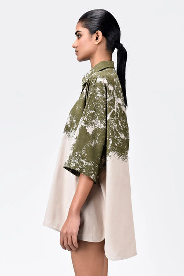 Women's Canopy Print Oversized Cotton Poplin Shirt Bright Olive Sand - Genes Lecoanet Hemant