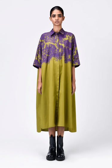 Women's Canopy Print Oversized Cotton Shirt Dress Bright Olive - Genes Lecoanet Hemant