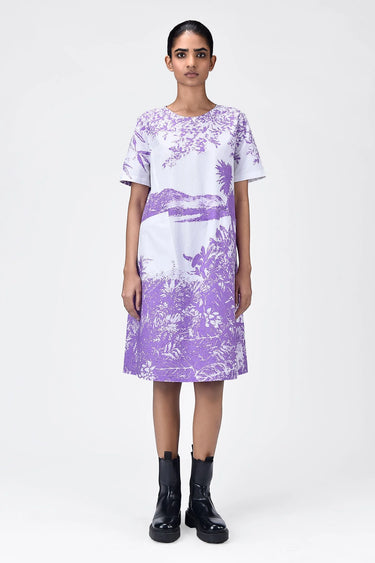Women's Landscape Print A-Line Cotton Poplin Dress-Amethyst - Genes Lecoanet Hemant
