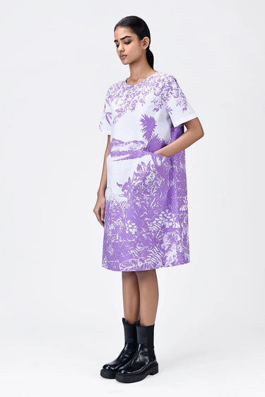 Women's Landscape Print A-Line Cotton Poplin Dress-Amethyst - Genes Lecoanet Hemant