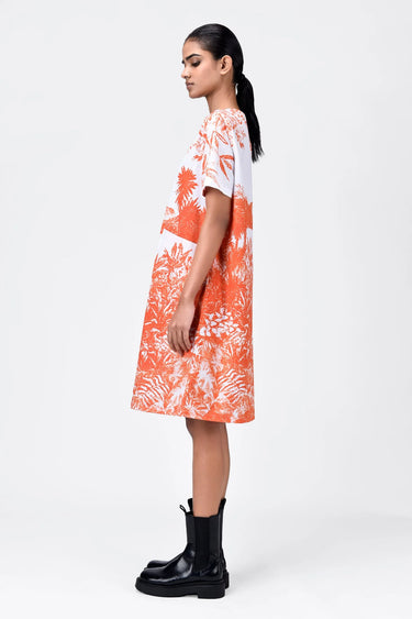 Women's Landscape Print A-Line Cotton Poplin Dress Coral Orange - Genes Lecoanet Hemant