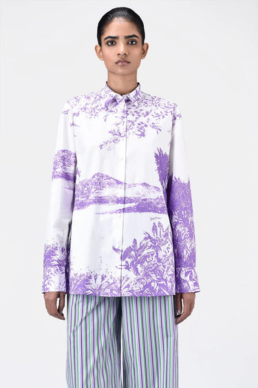 Women's Landscape Print Easy Fit Cotton Poplin Shirt-Amethyst - Genes Lecoanet Hemant