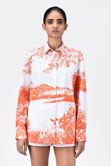 Women's Landscape Print Easy Fit Cotton Poplin Shirt -Coral Orange - Genes Lecoanet Hemant