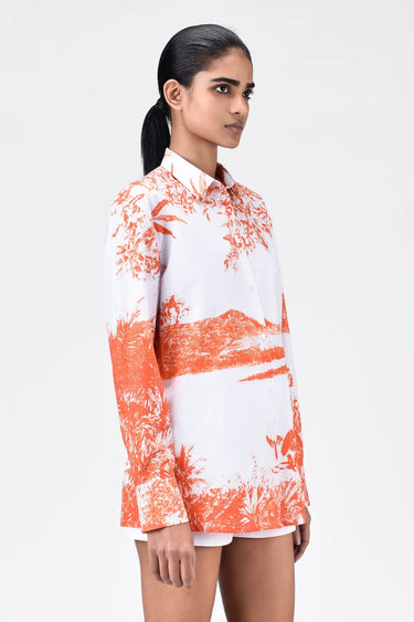 Women's Landscape Print Easy Fit Cotton Poplin Shirt -Coral Orange - Genes Lecoanet Hemant