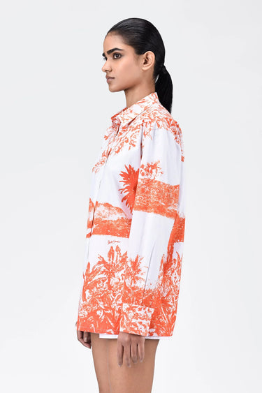 Women's Landscape Print Easy Fit Cotton Poplin Shirt -Coral Orange - Genes Lecoanet Hemant