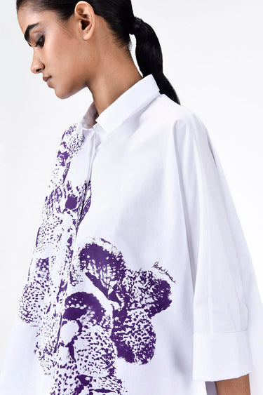 Women's Orchid Print Oversized Cotton Poplin Shirt - Genes Lecoanet Hemant