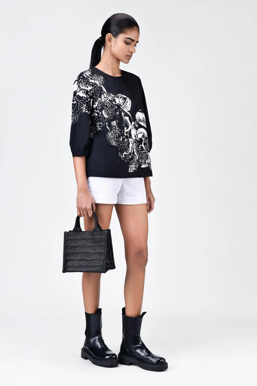 Women's Orchid Print Straight Fit Cotton Poplin Top Black - Genes Lecoanet Hemant