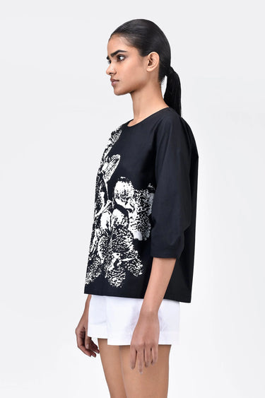 Women's Orchid Print Straight Fit Cotton Poplin Top Black - Genes Lecoanet Hemant