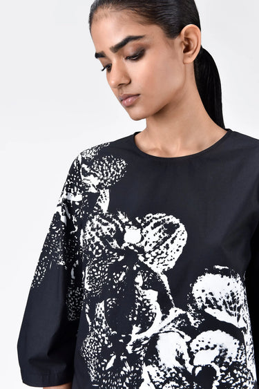 Women's Orchid Print Straight Fit Cotton Poplin Top Black - Genes Lecoanet Hemant