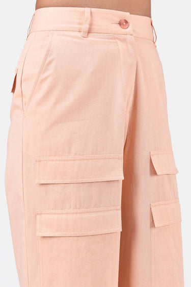 Women's Straight Fit Cotton Light Twill Cargo Trousers-Light Peach - Genes Lecoanet Hemant