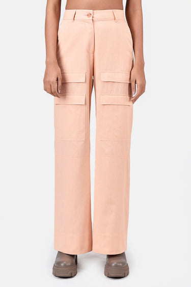 Women's Straight Fit Cotton Light Twill Cargo Trousers-Light Peach - Genes Lecoanet Hemant