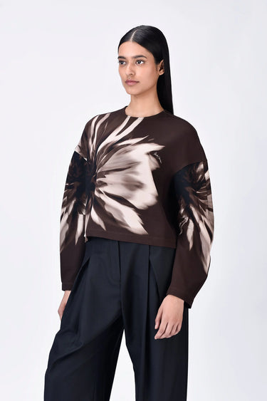 Women's UV Flower Sweatshirt- Chocolate Brown - Genes Lecoanet Hemant