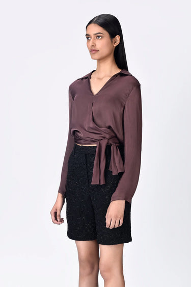 Women's Viscose Satin Shirt - Chocolate Brown - Genes Lecoanet Hemant