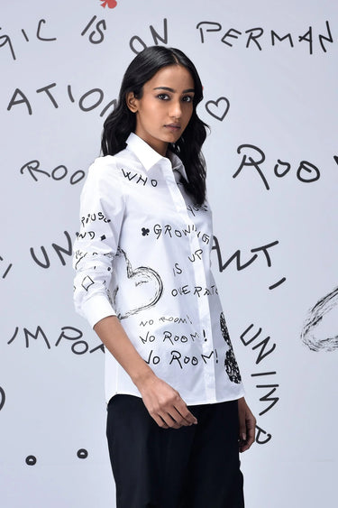 Women Scribble Text Semi Fit Shirt - Genes Online Store