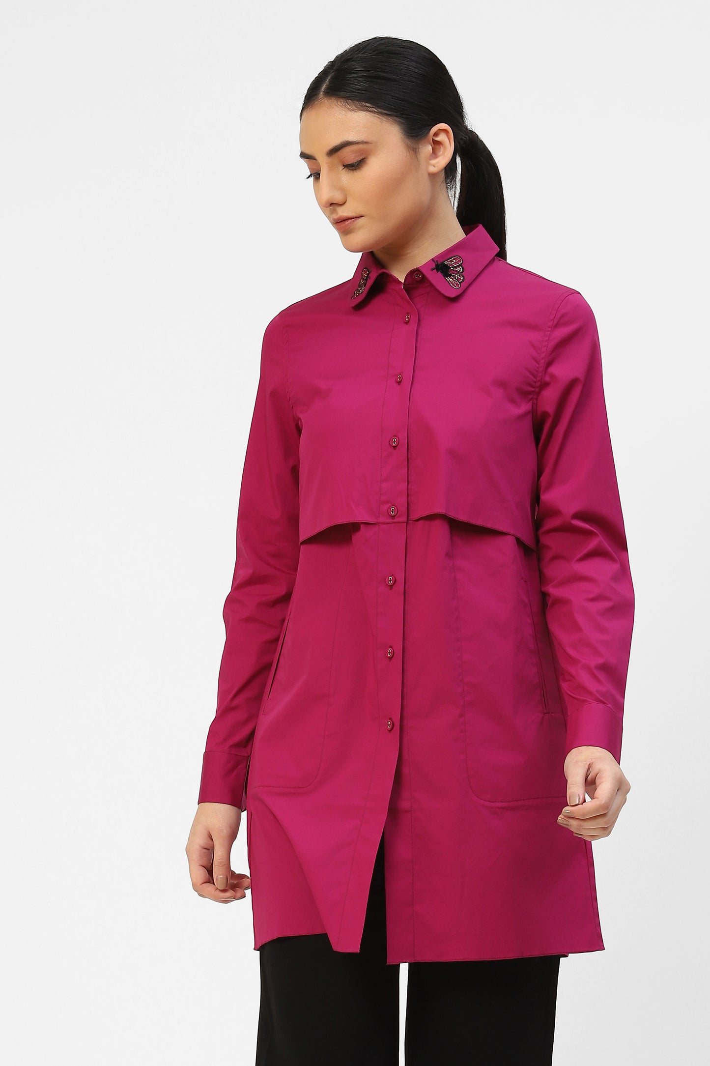 Womens Long Button Down Shirt With Embroidered Collar