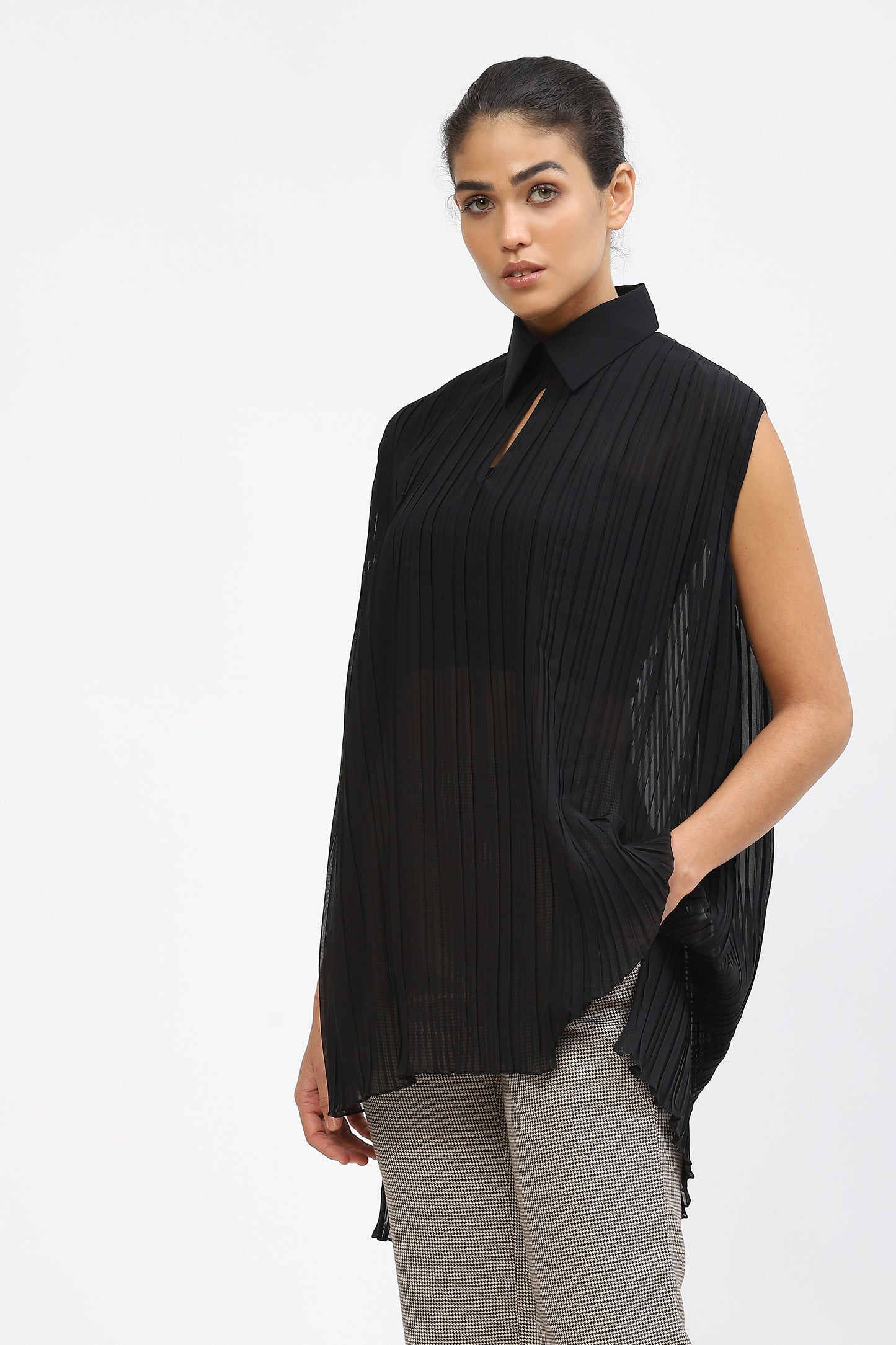 Pleated Top with Shirt Collar