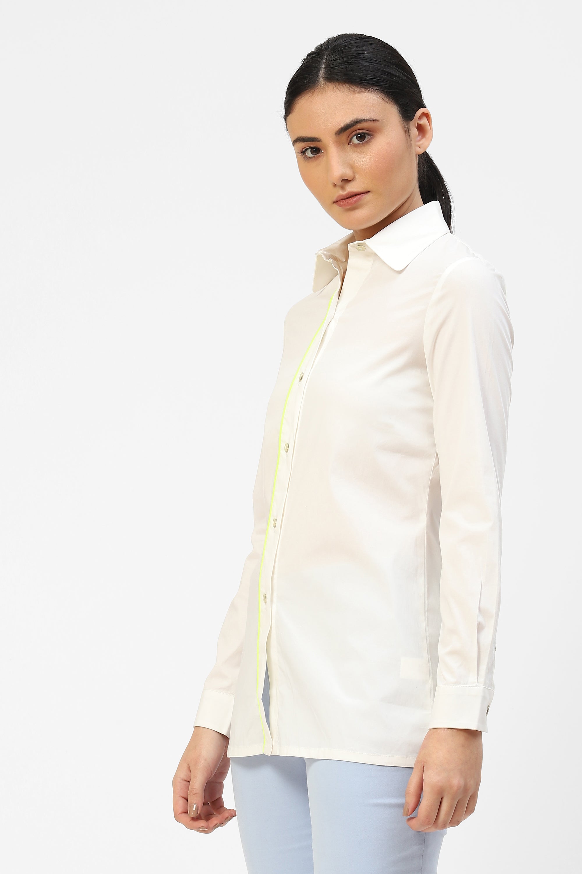 Womens Classic White Shirt with Lime Green Placket Piping