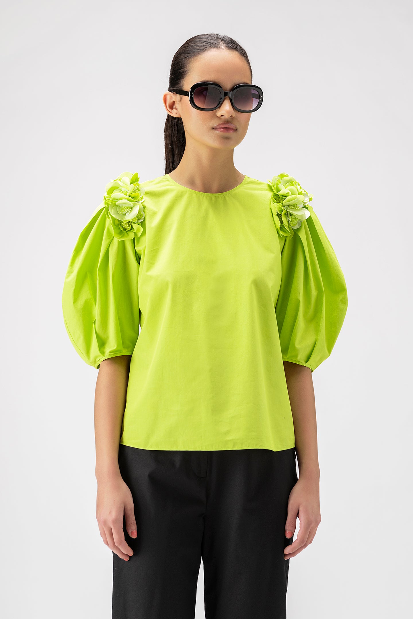 3D Floral Embroidered Top With Pleated Sleeves