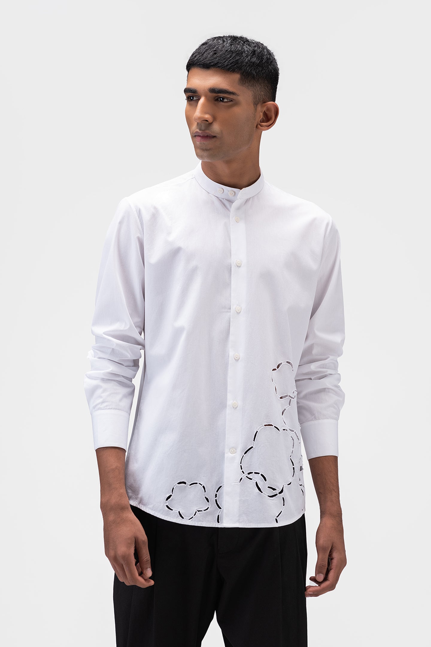 Band collar Mens Shirt With Cutout Embroidery
