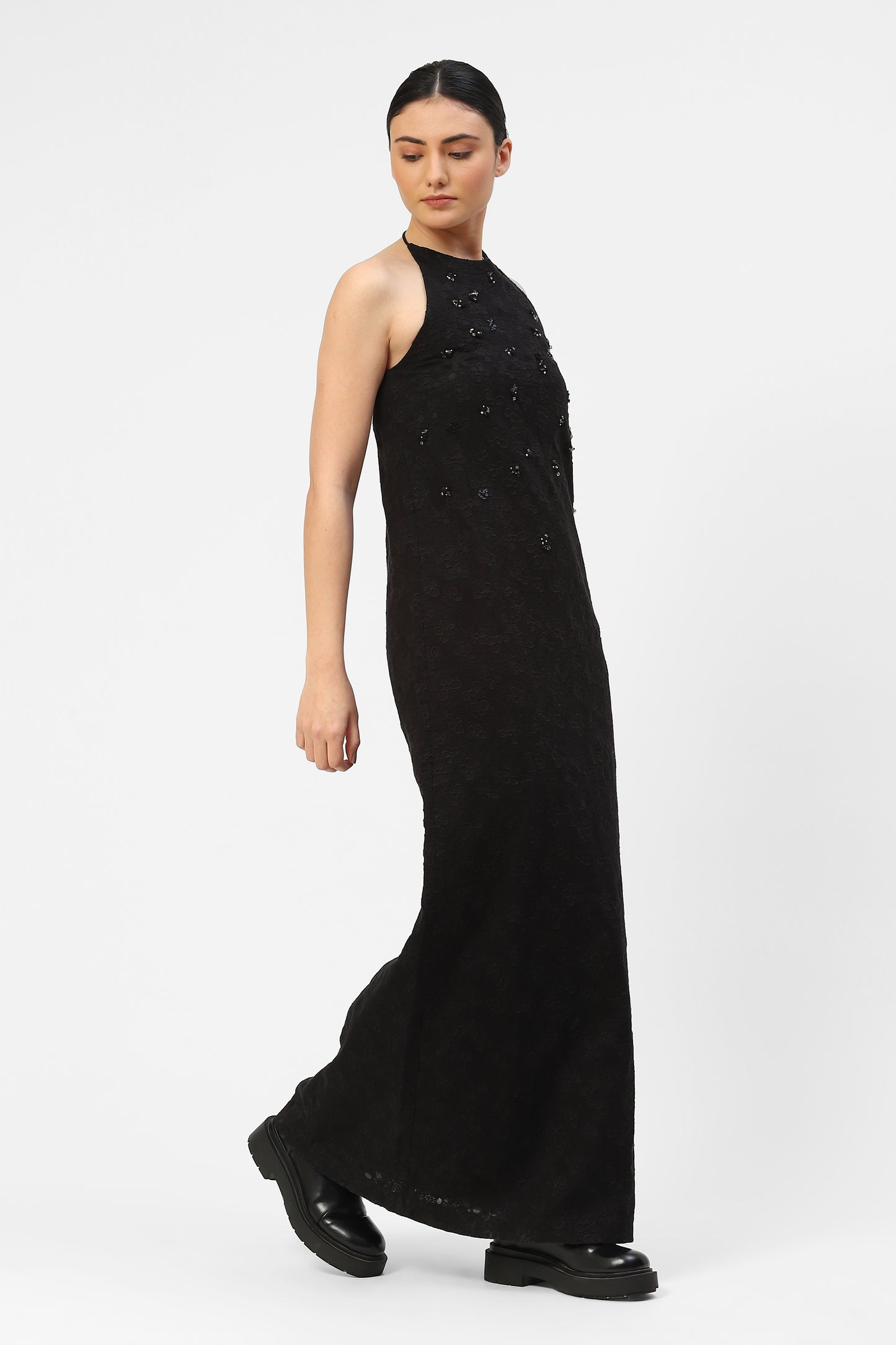 Long Embroidered Black Dress with Halter Neck