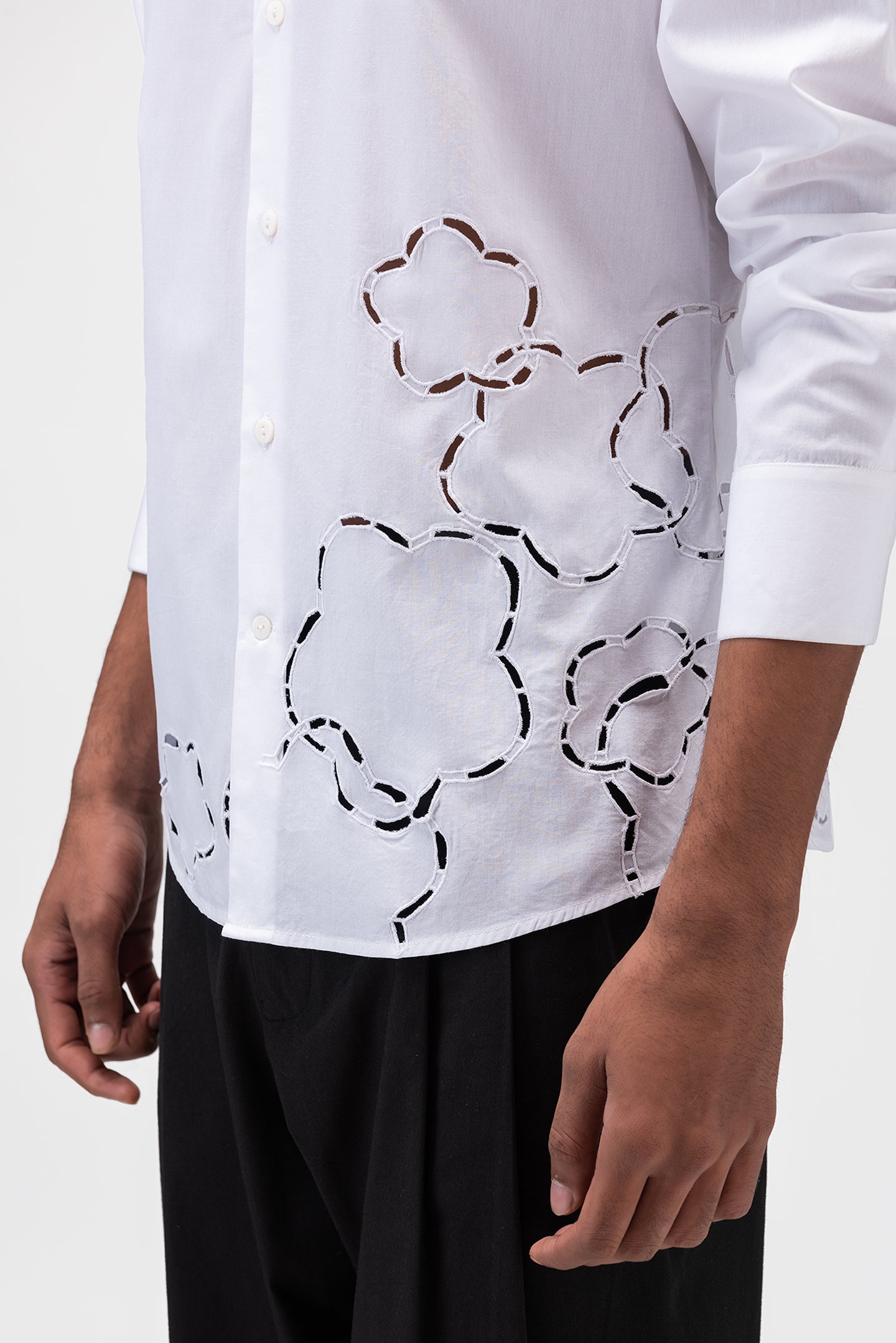 Band collar Mens Shirt With Cutout Embroidery