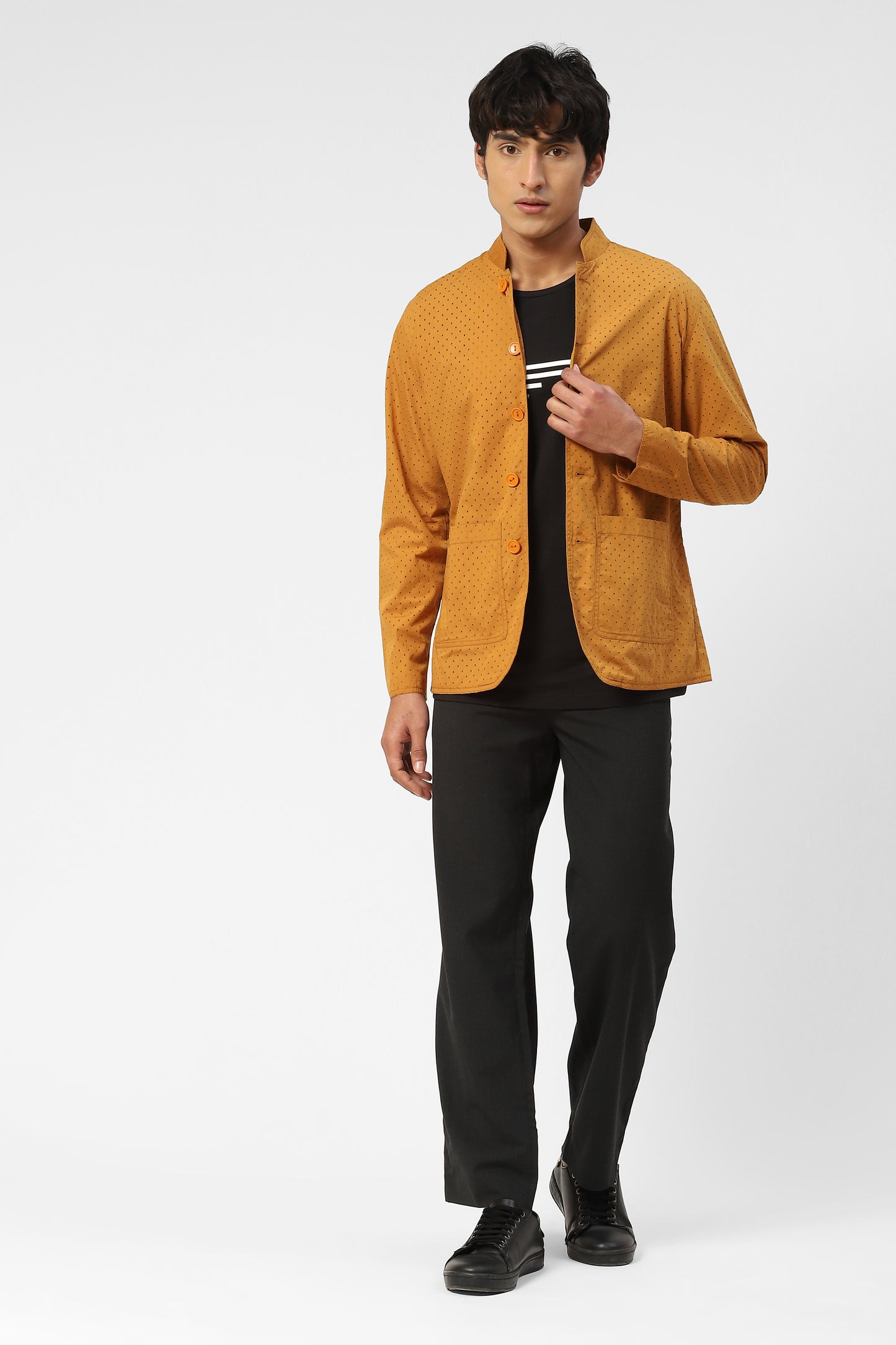 Perforated Mens Blazer Jacket with Mandarin Collar