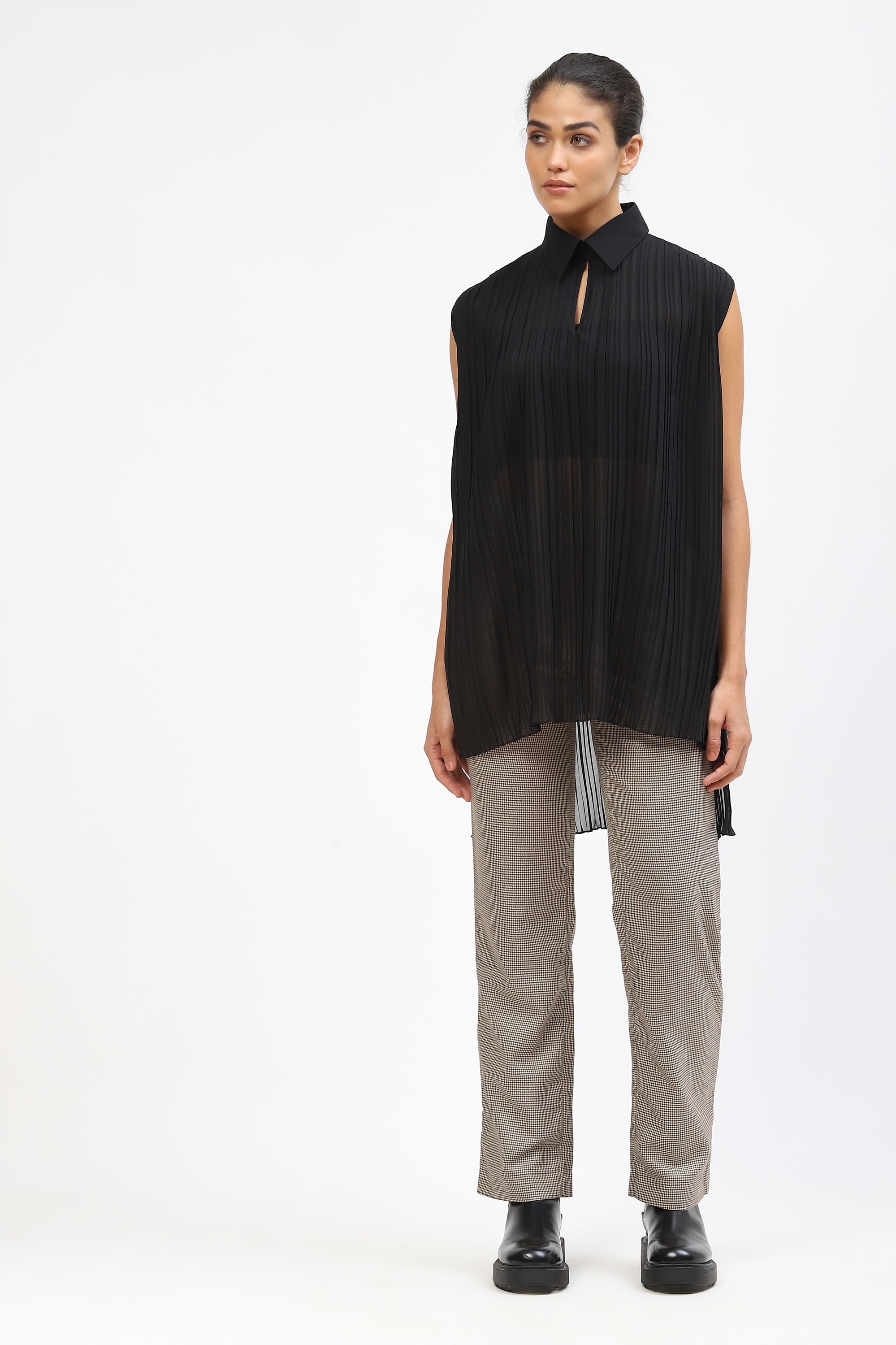 Pleated Top with Shirt Collar
