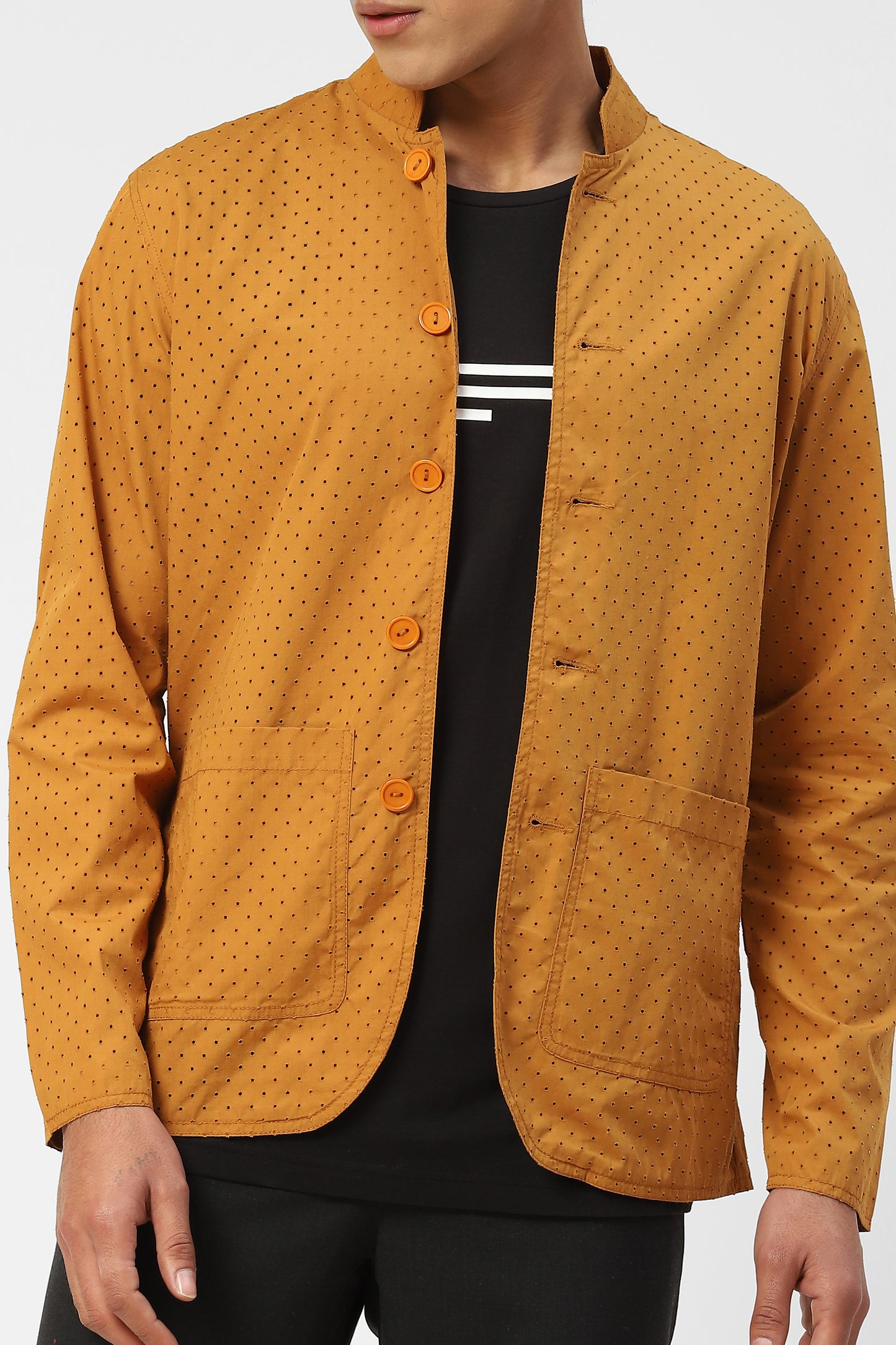 Perforated Mens Blazer Jacket with Mandarin Collar