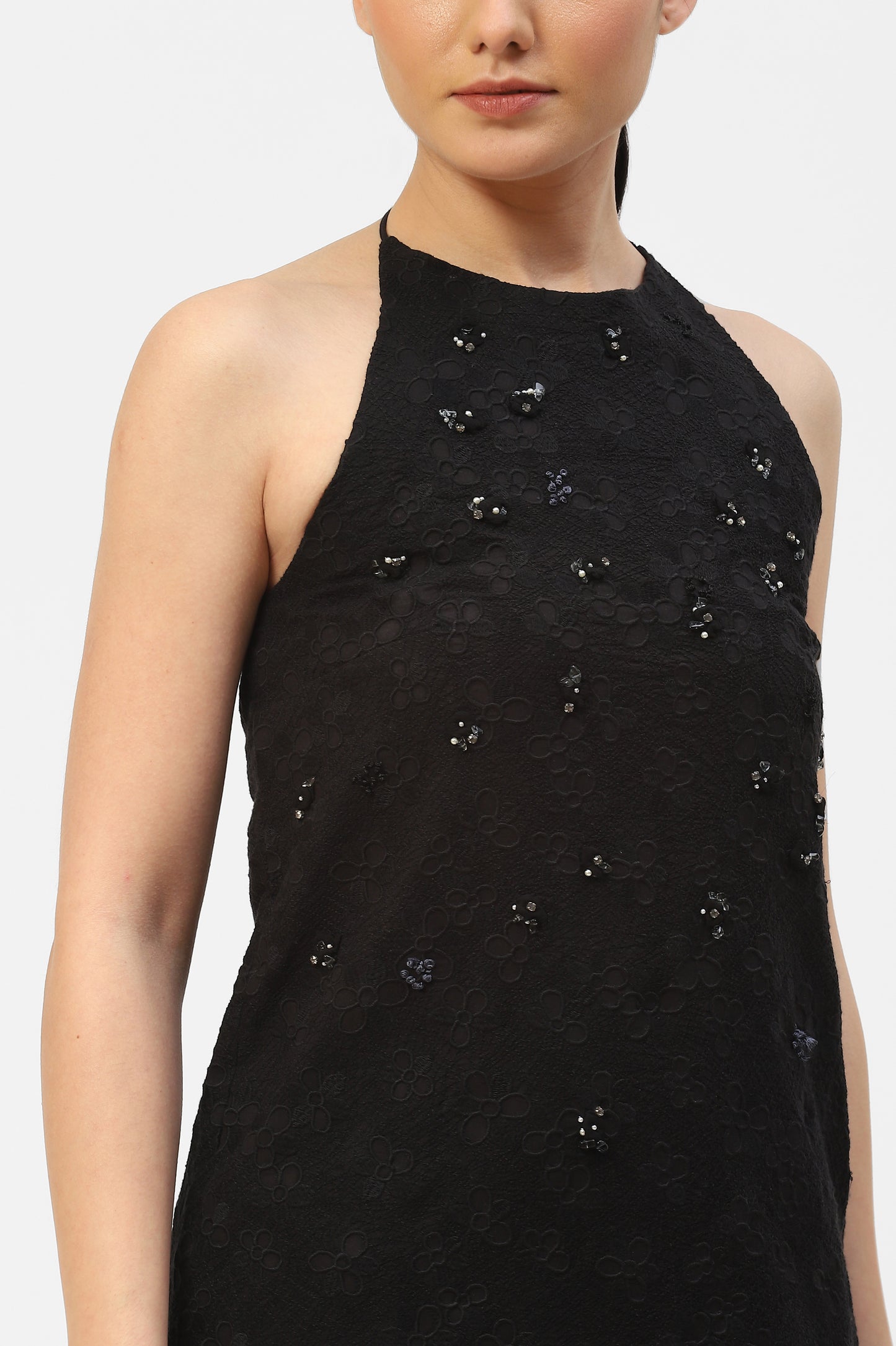 Long Embroidered Black Dress with Halter Neck