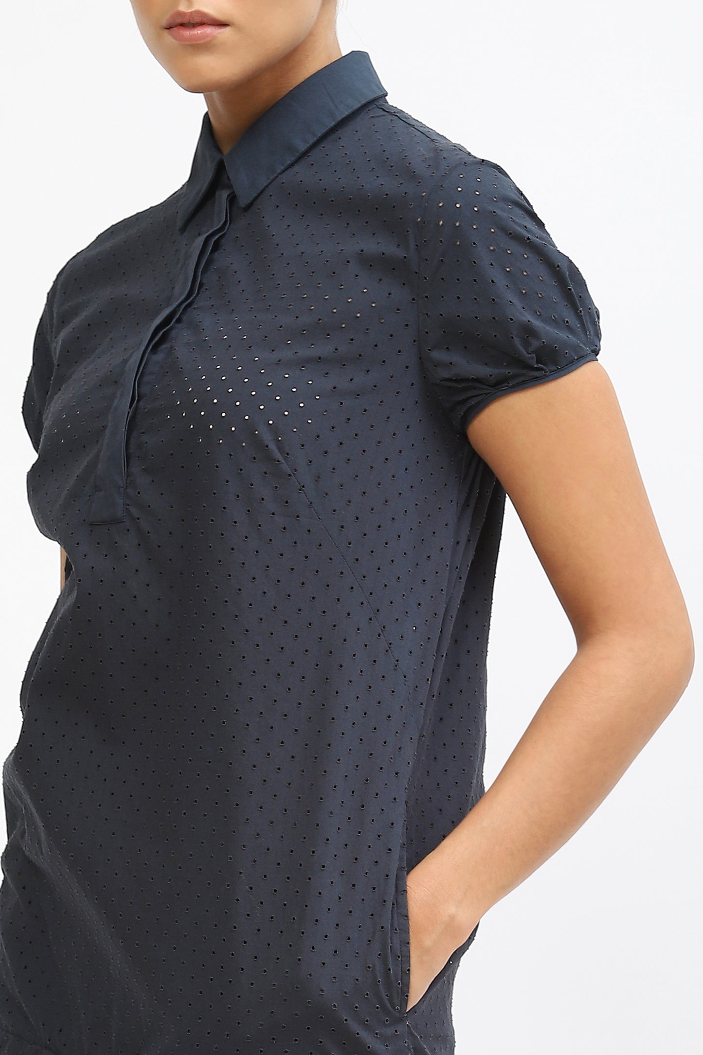 Perforated Shirt Collar Dress