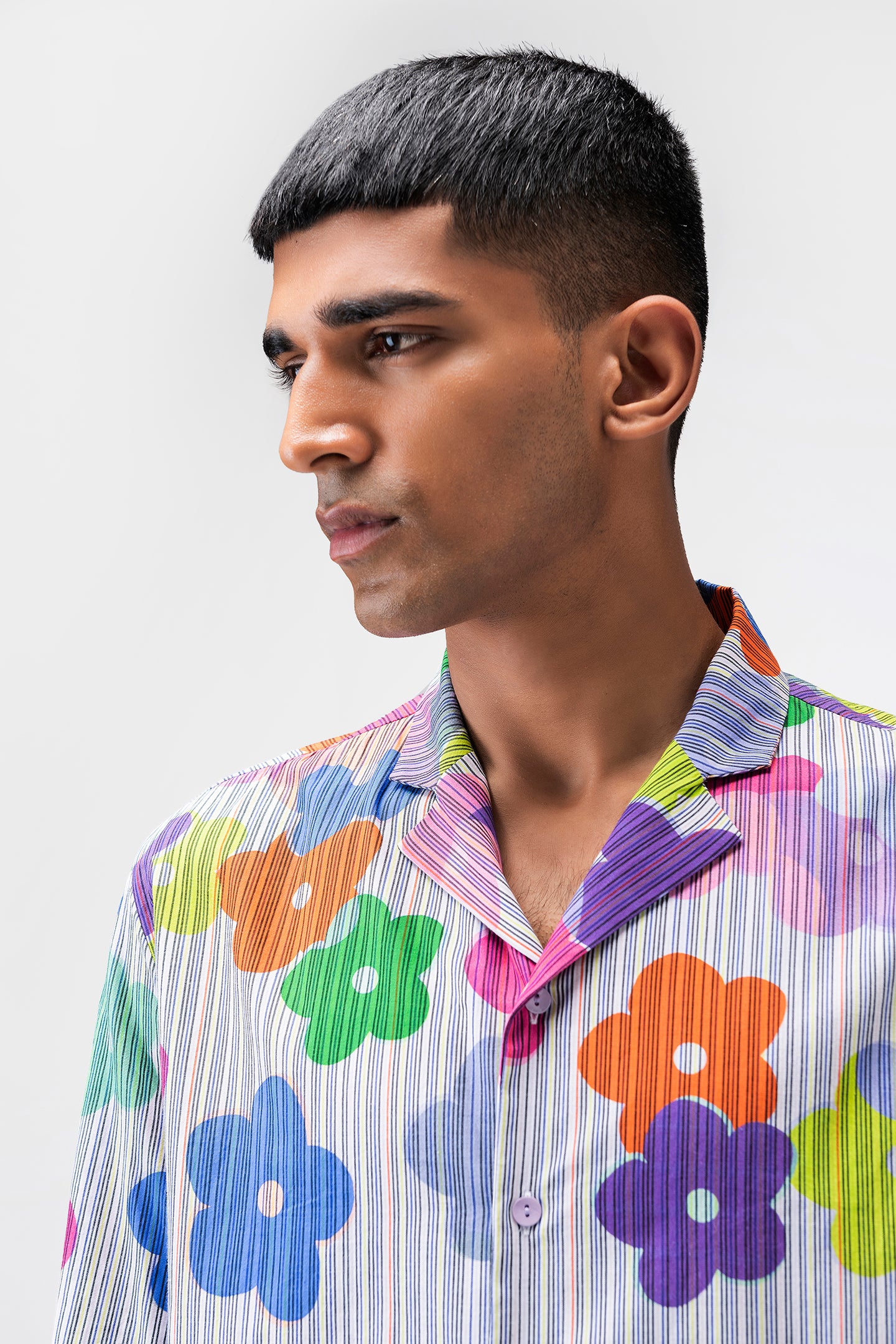Multicoloured Mens Shirt With Cuban Collar