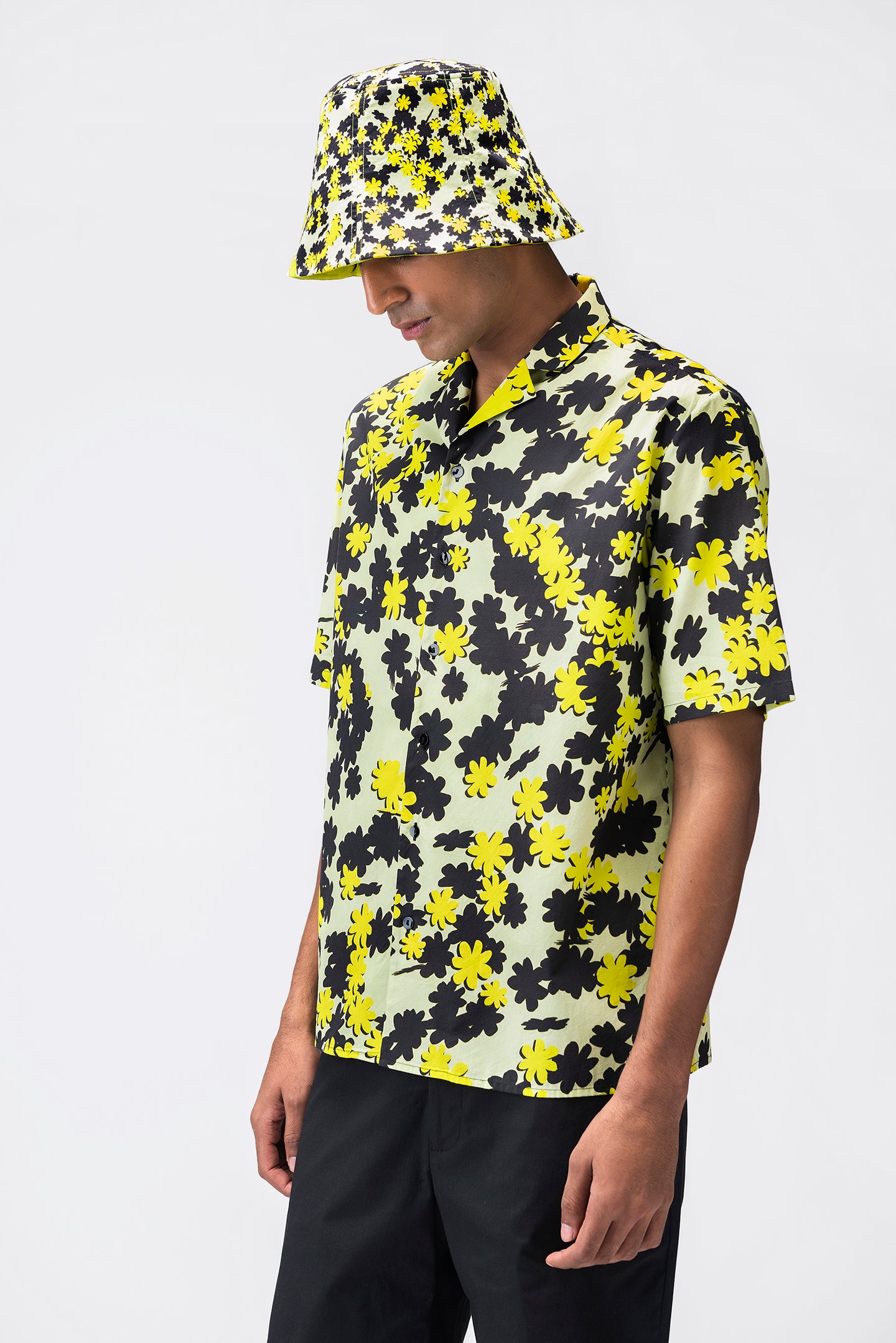 Floral Collage Mens Cotton Shirt With Cuban Collar