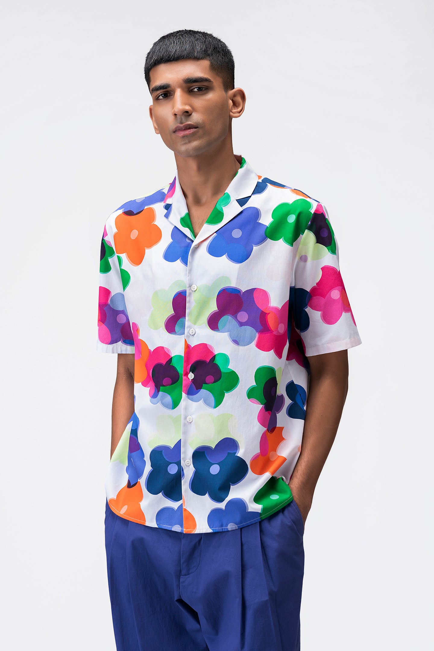 Multicolored Floral Print Mens Shirt With Cuban Collar