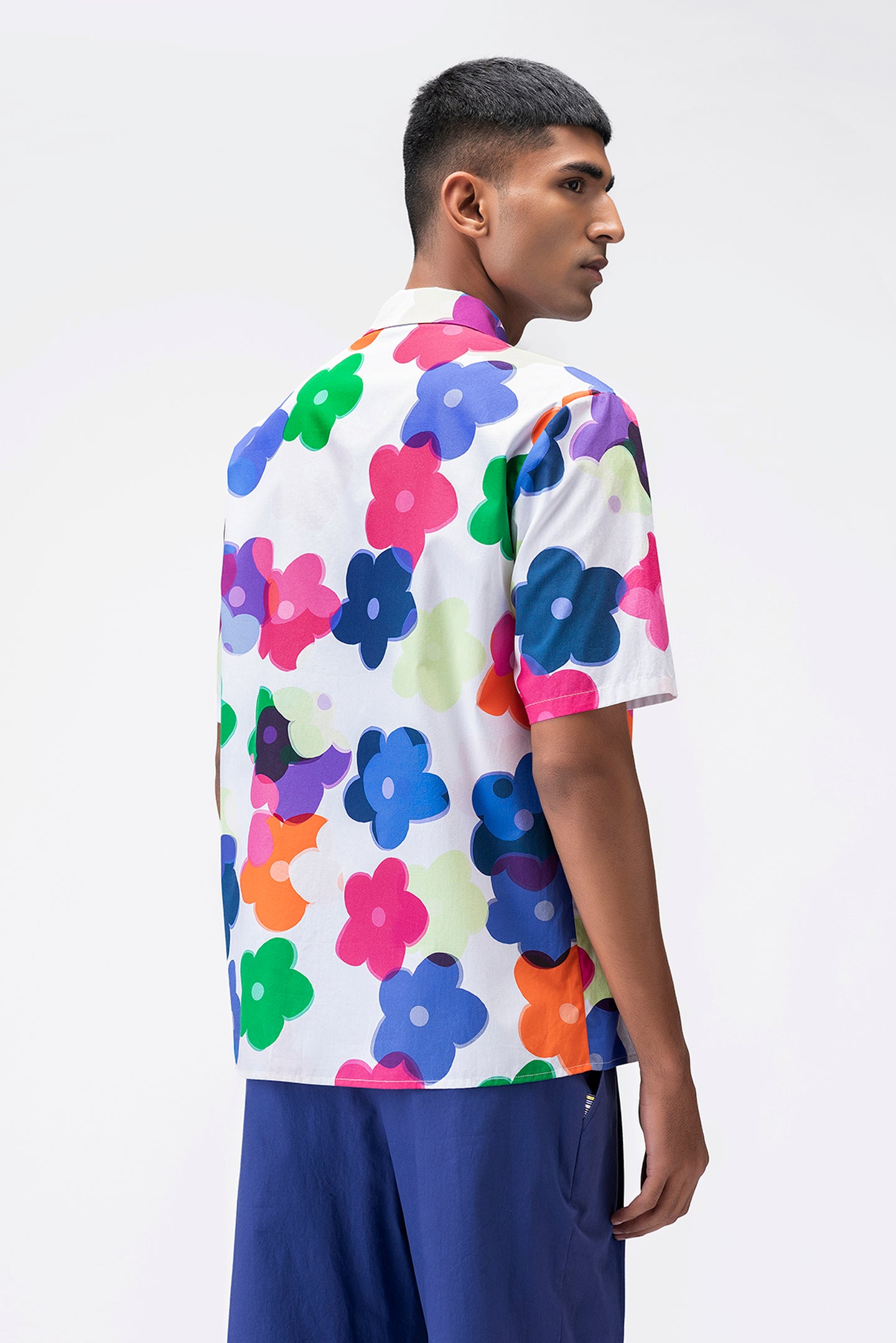 Multicolored Floral Print Mens Shirt With Cuban Collar