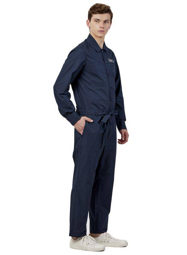 Men's spring summer outfit with navy stripes jumpsuit, black graphic  t-shirt, black plain socks, black low-cut sneakers, black plain body bag. |  OTOKOMAE